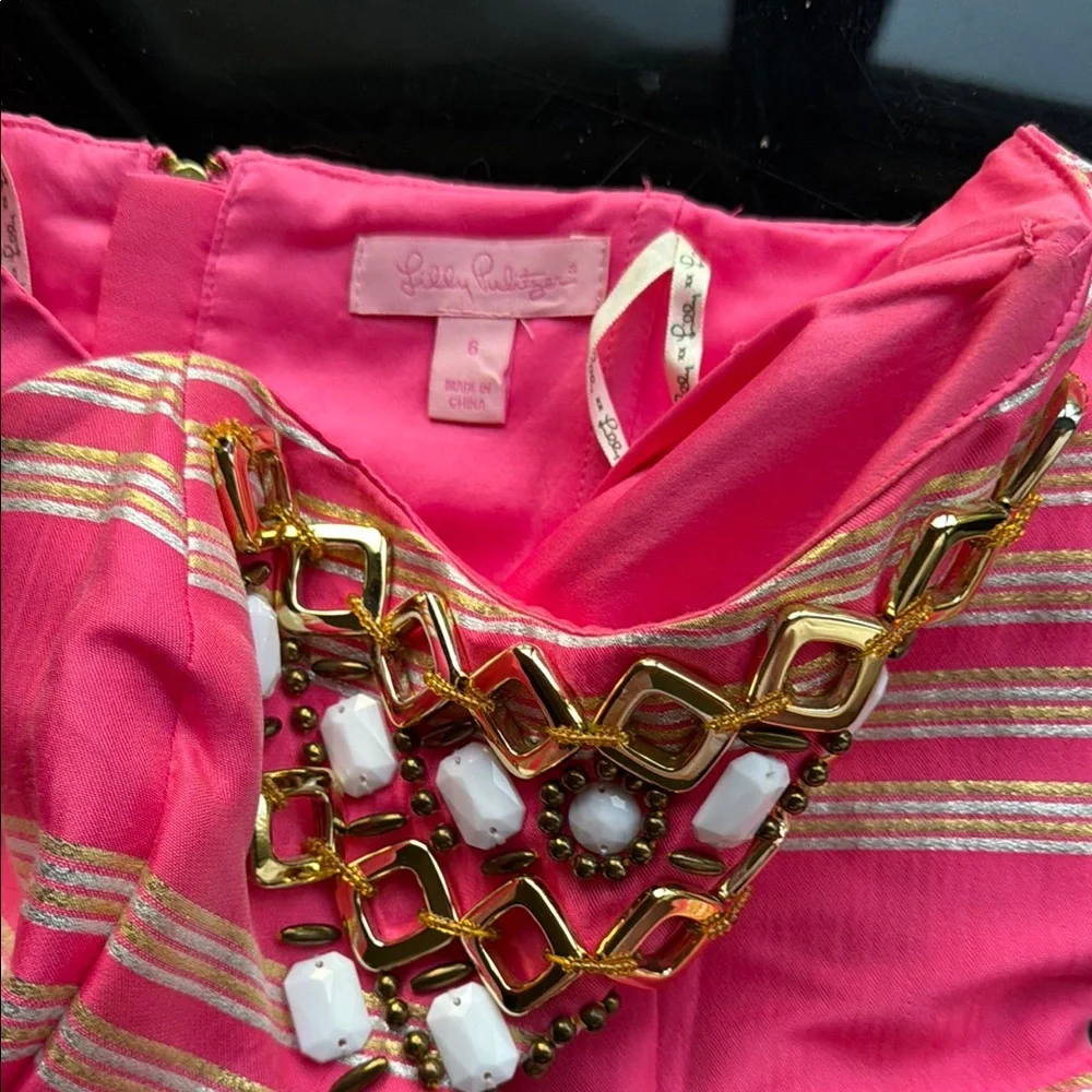 Lily Pulitzer Pink Strapless Dress with Metallic Gold Stripe and Gems - Picture 3 of 7